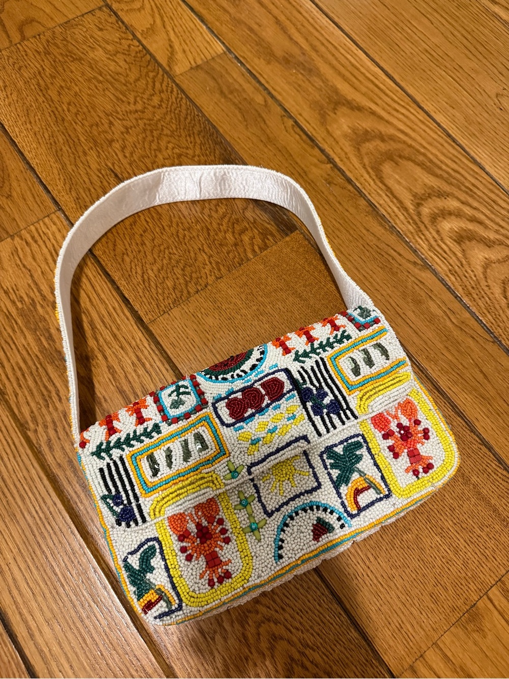 Embroidered Multicolor Beaded Shoulder Bag - White Strap